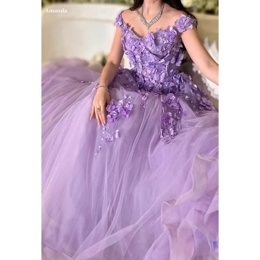 Amanda Aangepaste Paarse 3D Bloemen Prom Dress Spaghetti Vestidos De Noche Mesh Stof Vloerlengte Formele Avond 2025