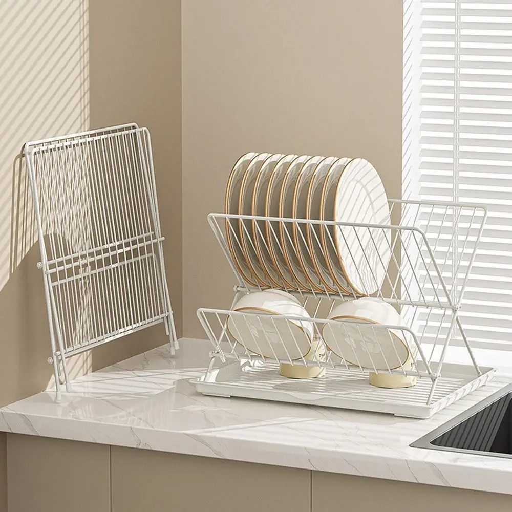 

X-Shape Foldable Dish Drying Rack 2 Tier Non-slip Countertop Dish Drainer Detachable Water Catcher Tray