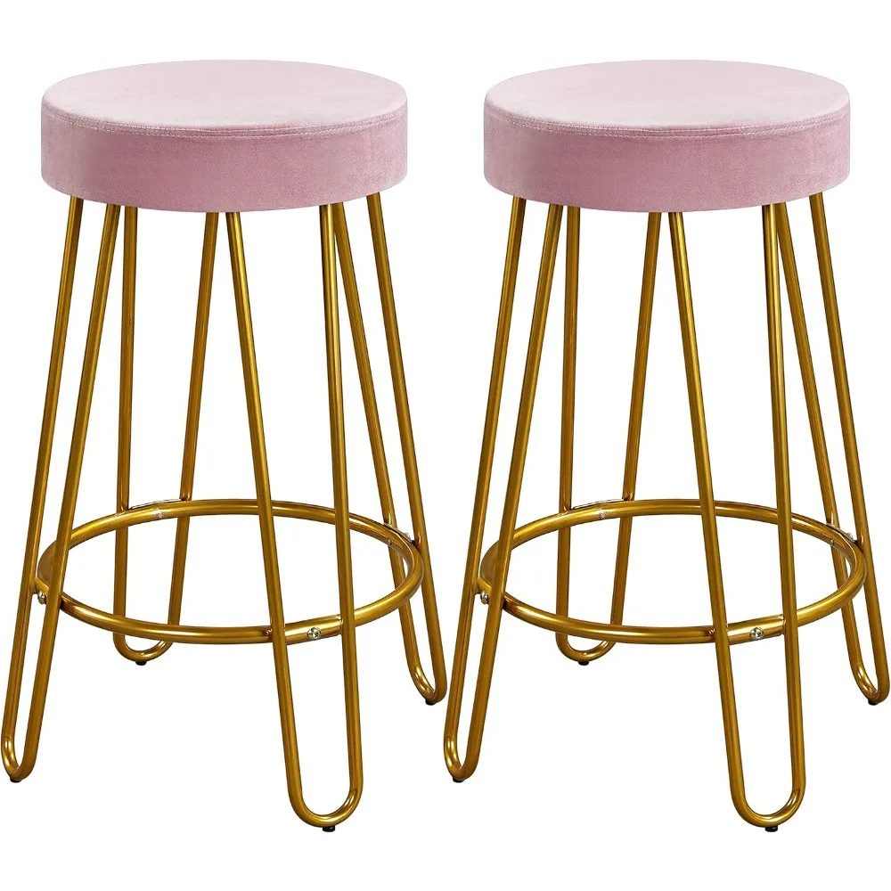 

Bar Stools Set of 2, Velvet Round Counter Stools, Backless Counter Height Bar Chairs with Golden Legs for Kitchen Dining Room P