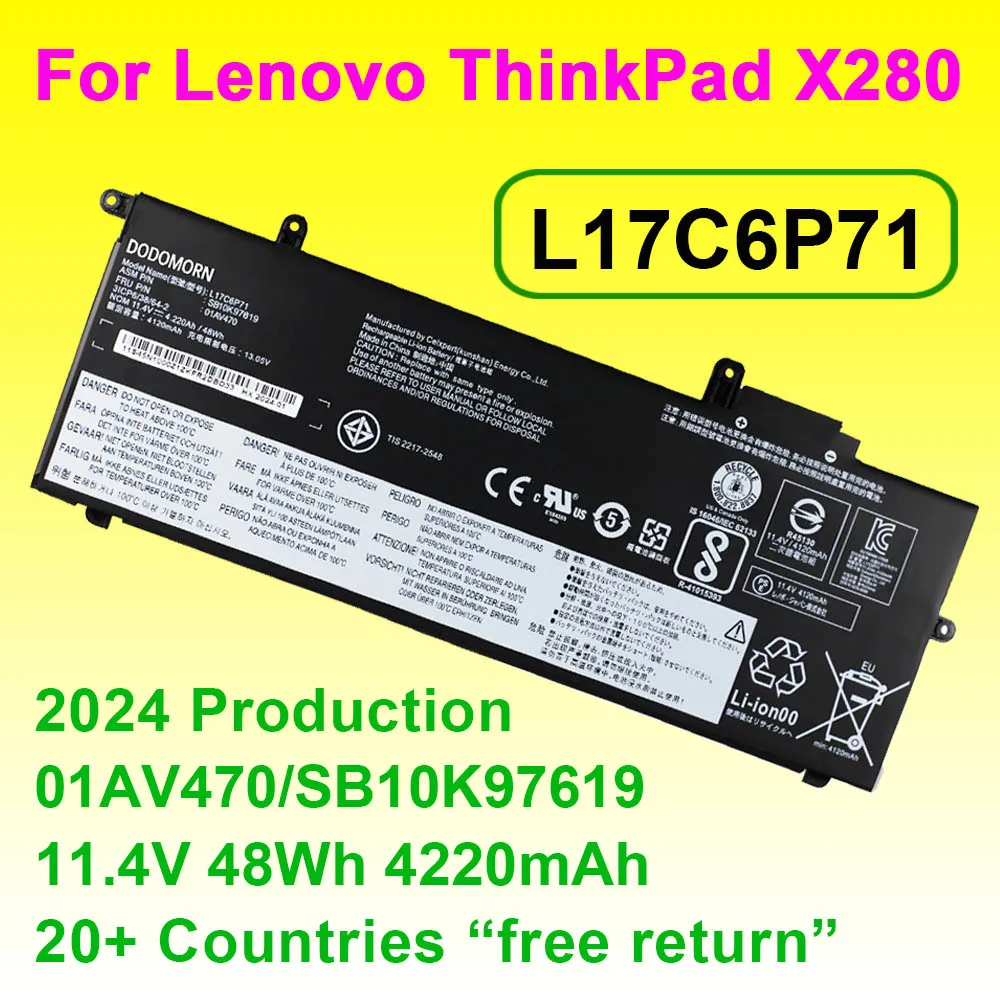 L17C6P71 01AV470 Laptop Battery For Lenovo ThinkPad X280 Series 01AV471 L17M6P71 L17L6P71 SB10K97617 SB10K97619 11.4V 48Wh