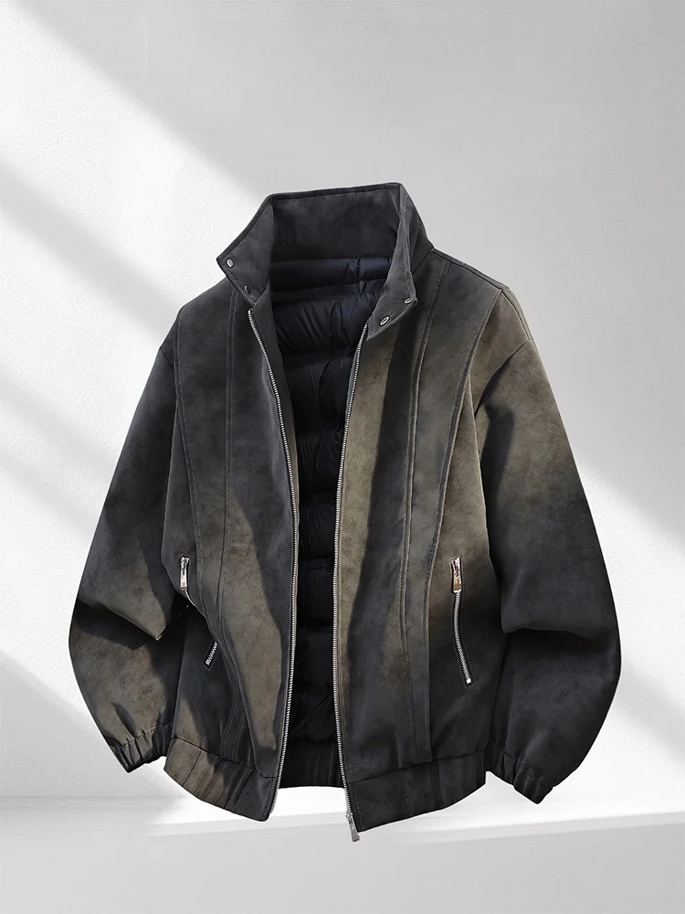 

WASSUP DR American Retro Stand Collar Men's down Jaet Thi Warm Winter Leather Coat Sli Outerwear for Men