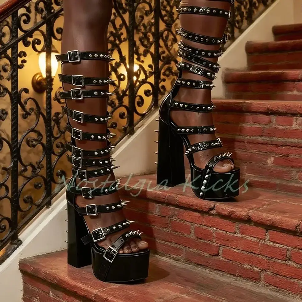 

Punk Patent Leather High Heel Platform Sandals Multiple Straps Spikes Chunky Heel Women's Shoes Gothic Club Party Dress Boots