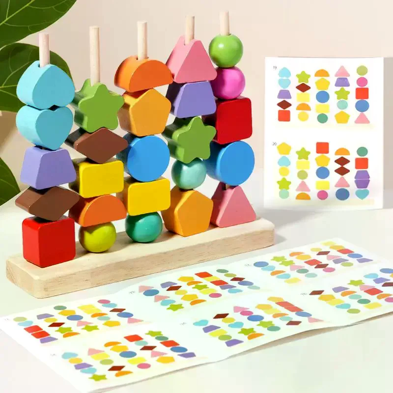 1 Set Stapelblöcke und Schnürperlen und passender Formstapler, frühes Lernspielzeug, Montessori-Holzperlen, Sequencing-Spielzeug, Geschenke