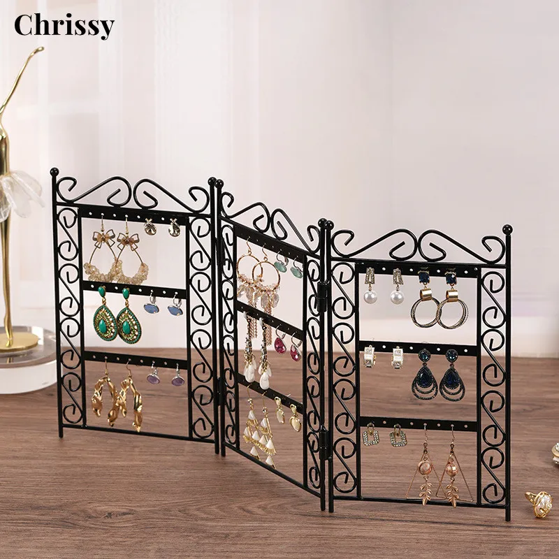 3 Fans Panels Screen Folding Metal Earrings Studs Display Rack Necklace Jewelry Shelf Stand Holder Jewelry Organizer Storage Box