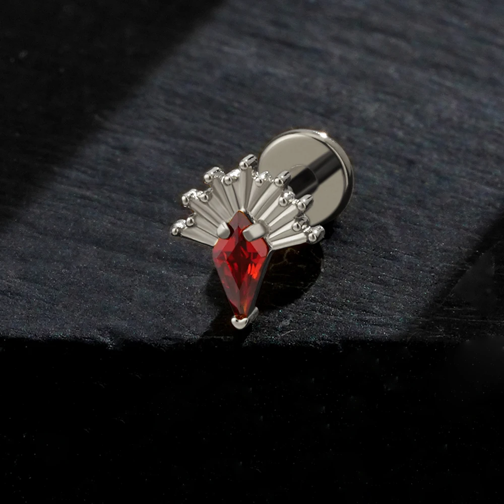 Right Grand ASTM F136 Titanium Kite CZ Cartilage Piercing Rhombus Garnet and Black CZ Helix Stud Conch Tragus Earring Flat Back Labret Stud Piercing Jewelry