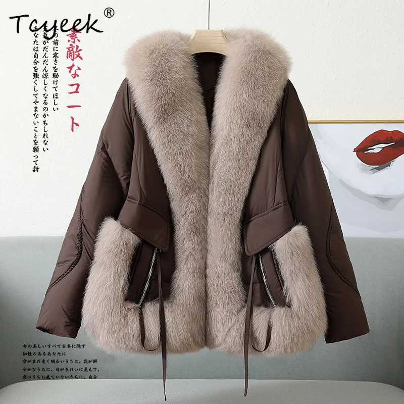 Tcyeek الخريف الشتاء الراقية العصرية الثعلب الفراء النسخة الكورية الخامس الرقبة المرأة الأبيض أوزة أسفل معطف الفرو Casacas Para Mujer Invierno