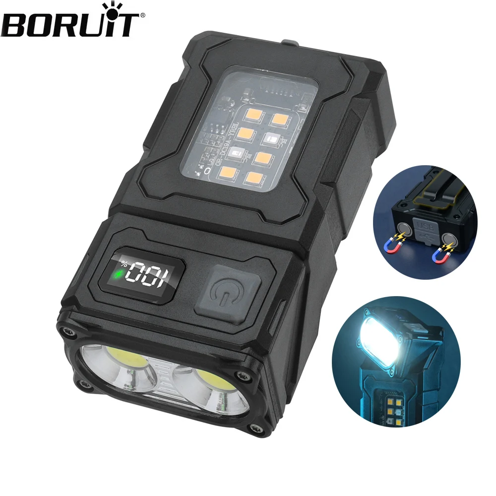 

BORUiT 180° Rotatable LED Flashlight Keychain Light 20W 500LM USB Rechargeable Portable Small Torch with Magnet Digital Display