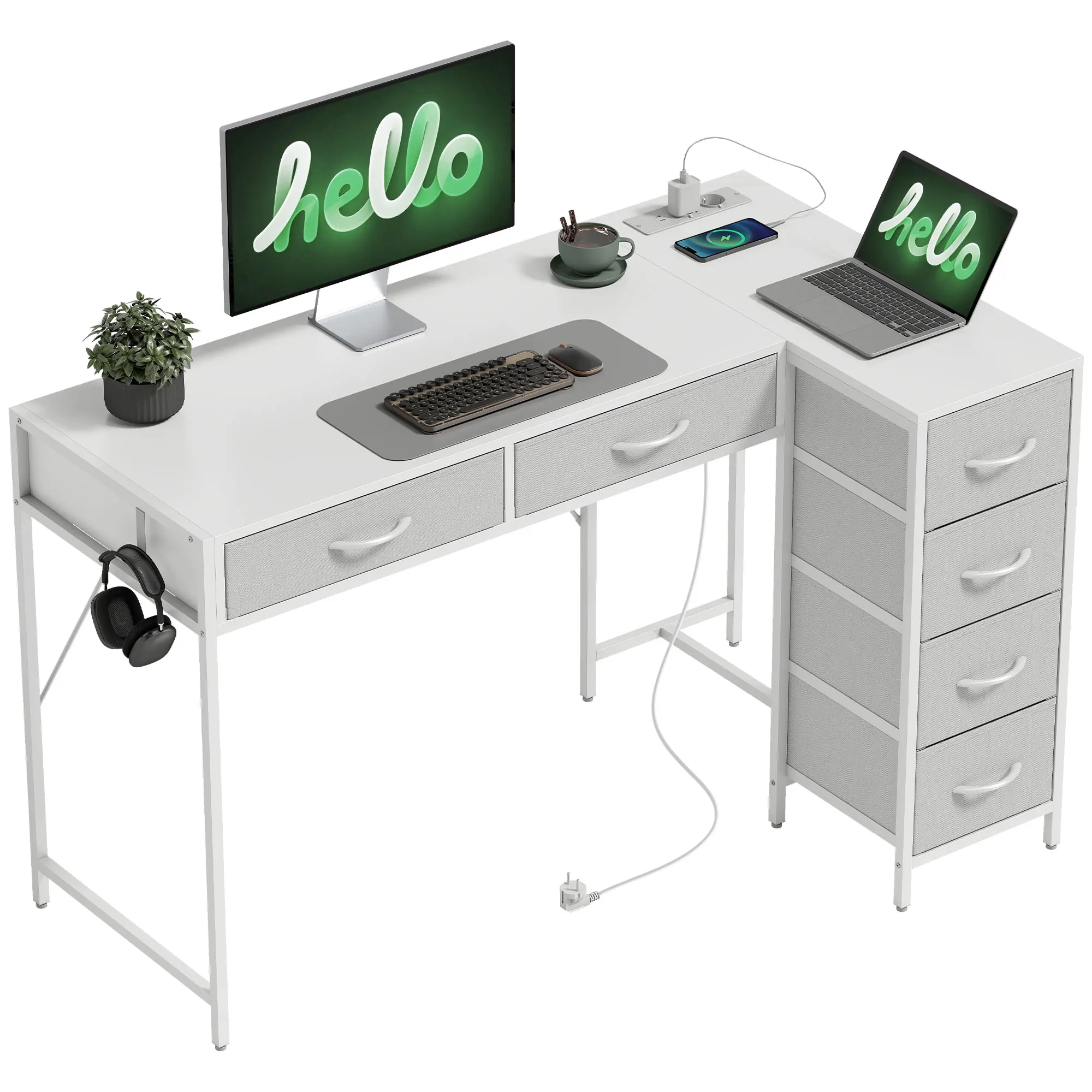 HOMCOM Escritorio Esquinero Reversible con 6 Cajones 126x48 cm con Toma de Corriente Puerto de Carga USB y USB-C Blanco