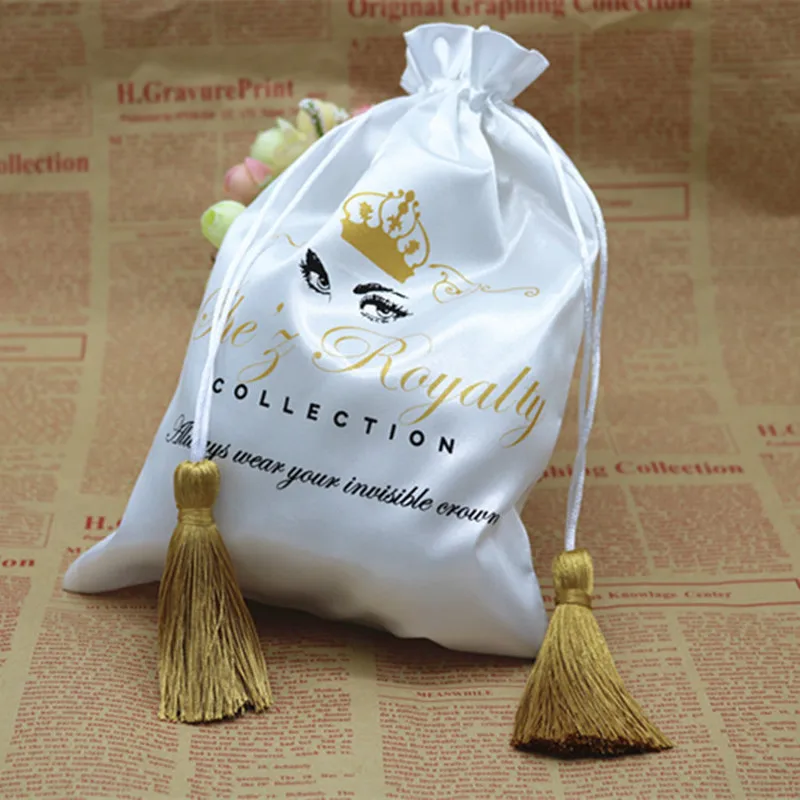 

50PCS Luxury Silk Satin Gift Bags Drawstring Pouches Tassel for Hair Cosmetic Jewelry Wedding Party Storage Custom Sachets Print