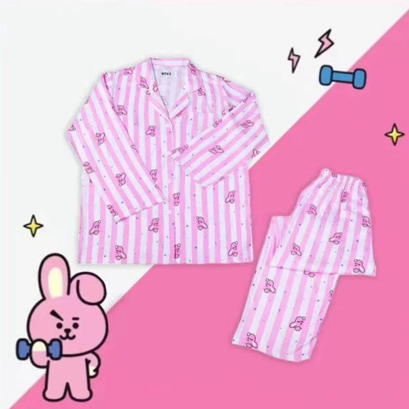 Women Pajamas Striped Spring Summer Cartoon Print Sleepwear Kawaii Cute Nightwear Loungewear Clothing Sets Comfortable Home Wear