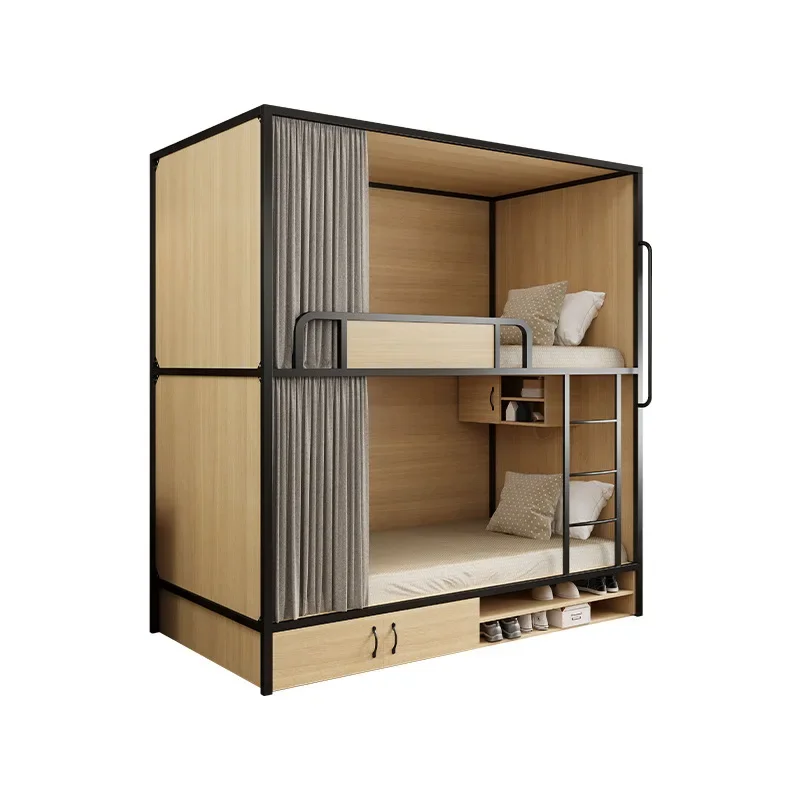 Bunk beds in college dormitory, steel wood with ladder, double wrought iron bed