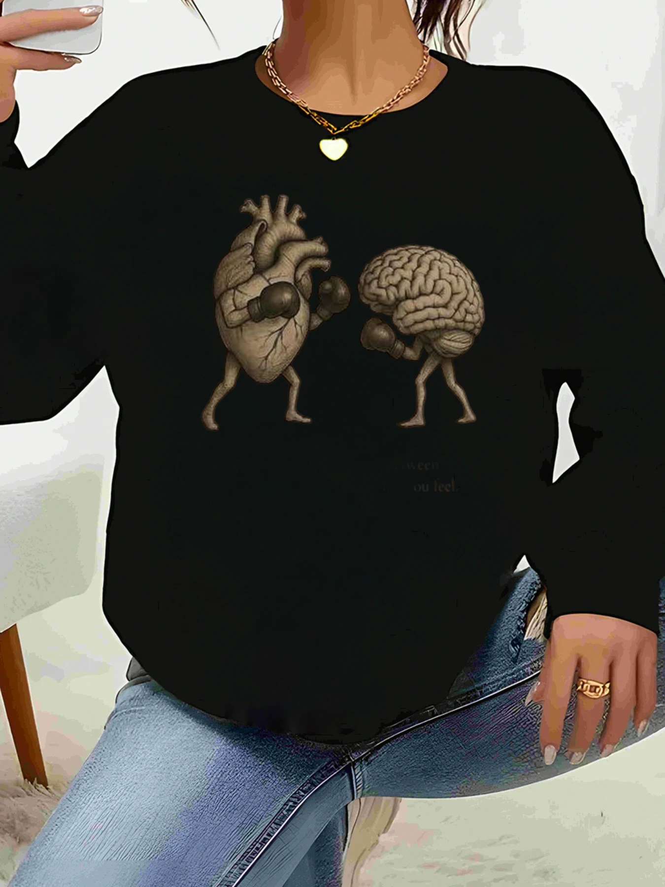 Heart and Brain Boxing Graphic Sweatshirt Halloween Casual Wear Women's Plus Size