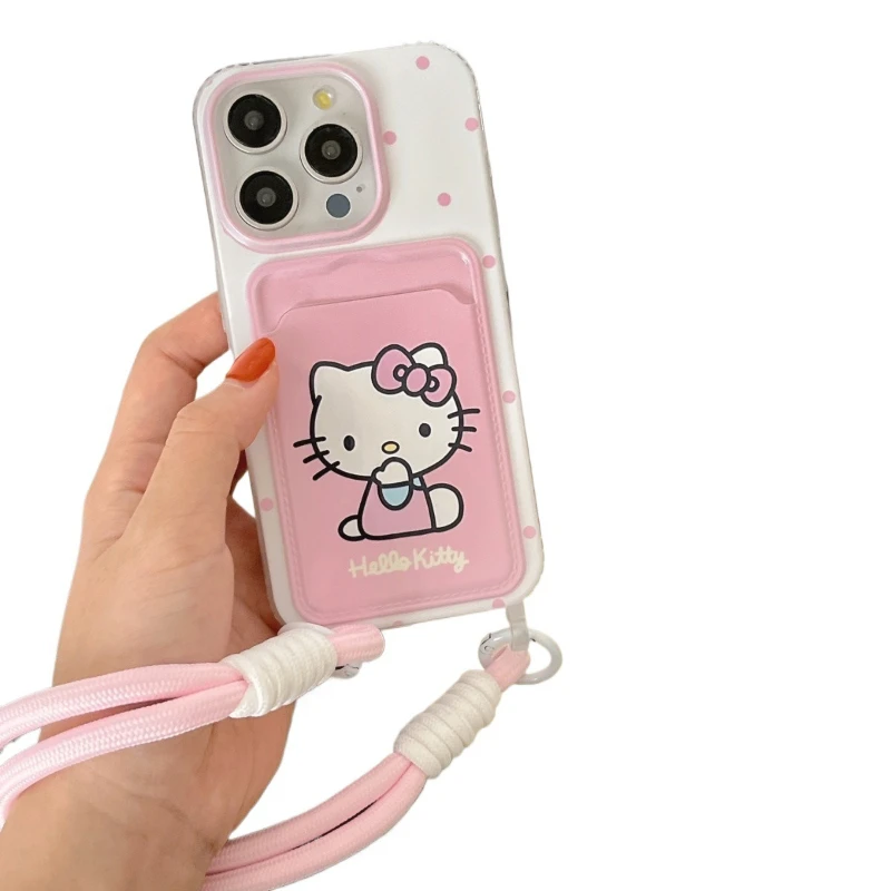 

Polka Dot Pink Hello Kitty Card Holder Phone Case for iPhone 16 Pro Max iPhone 15 Pro with Lanyard Cute Phone Protective Cover