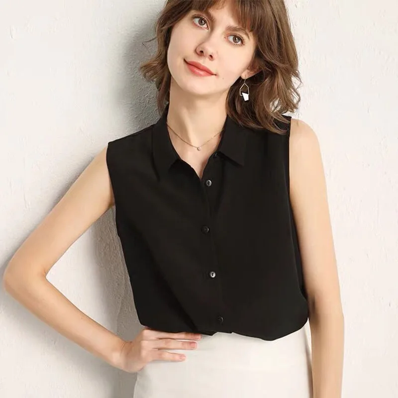 Chemisier sans manches en mousseline de soie pour femmes, couleur unie, col Polo, décontracté, ample, tempérament, à la mode