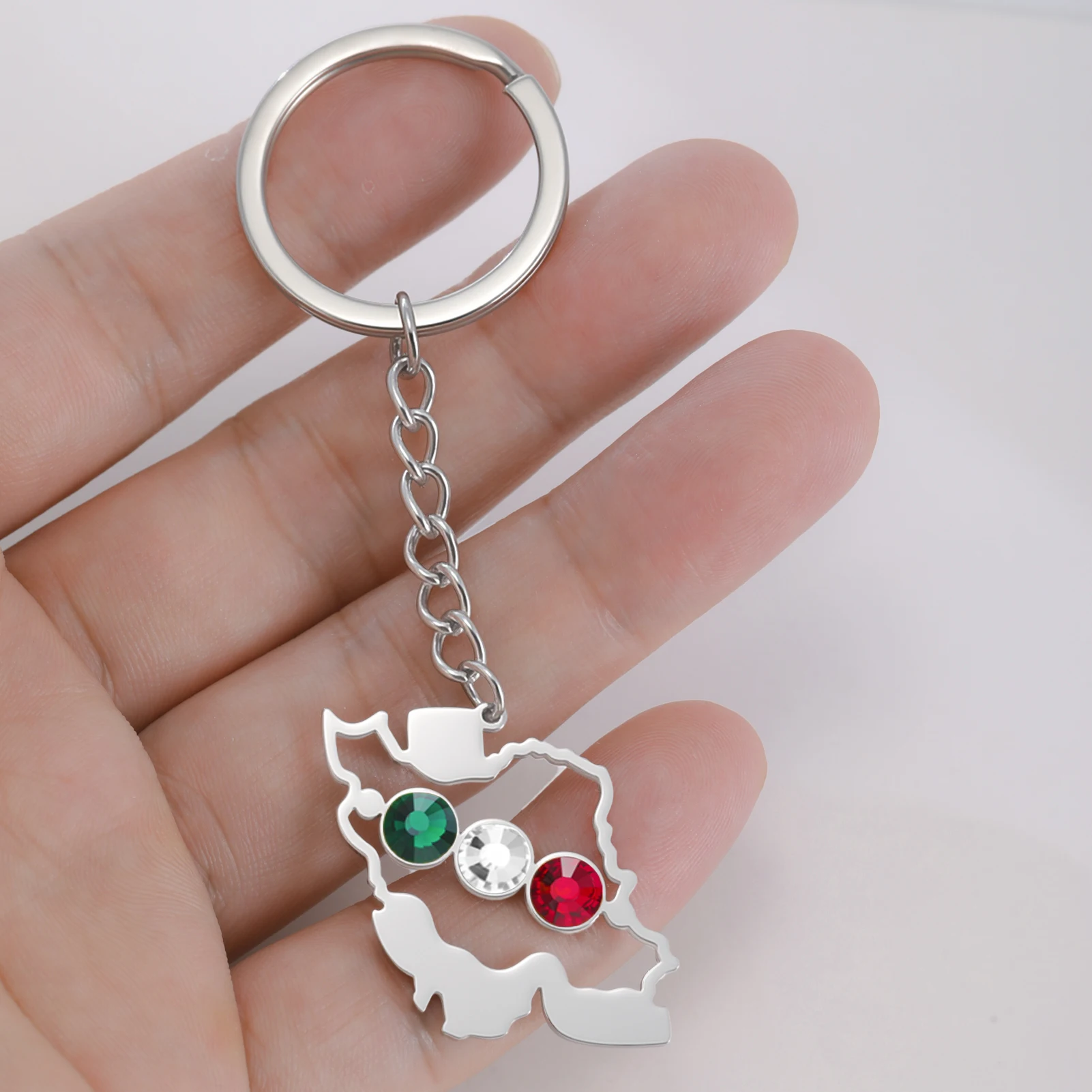 Iran Map Keychain with Tricolor Rhinestone Jewelry Stainless Steel Iranian Ethnic Jewelry Car Keychain Bag Accessories Gifts