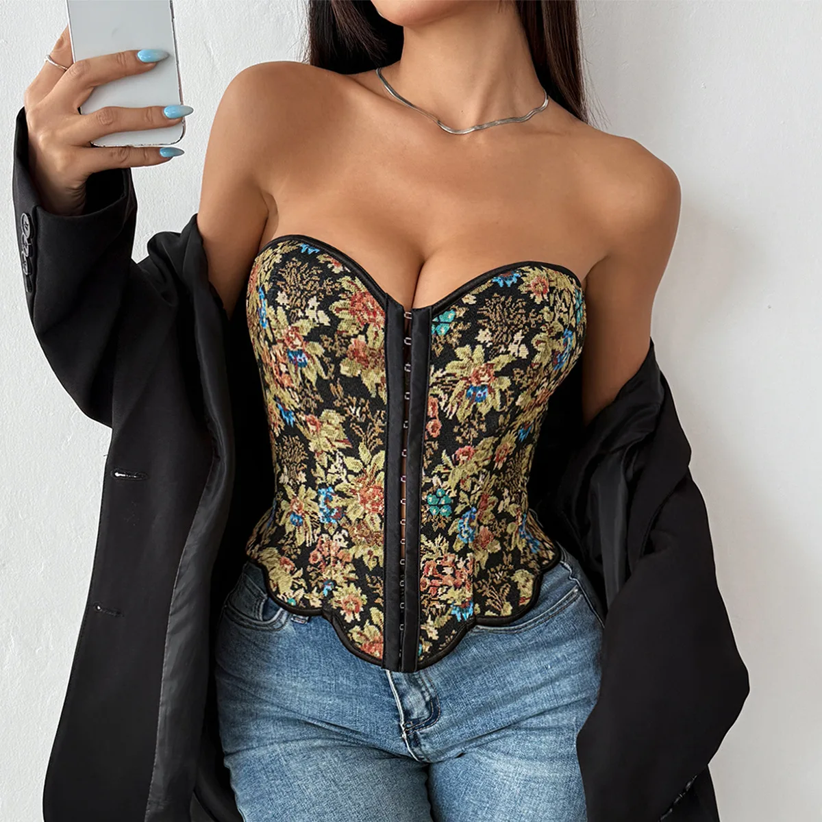 

Retro Jacquard Irregular Corset Sexy Off The Shoulder Bones Corsets Shaping Vest Y2K Slim Crop Tops Women Summer Party Clubwear
