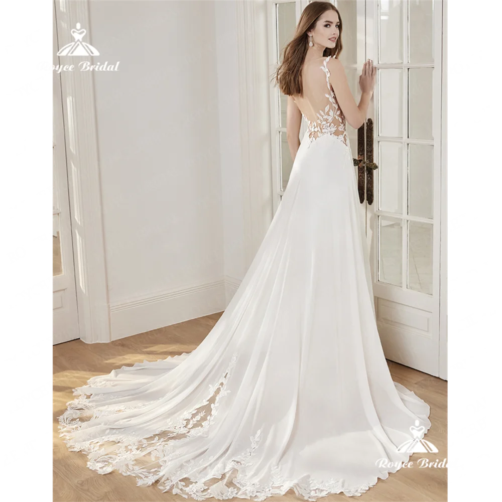 Roycebridal-vestido de novia Línea A con cuello en V, gasa de encaje, Espalda descubierta, corte en tren, 2025