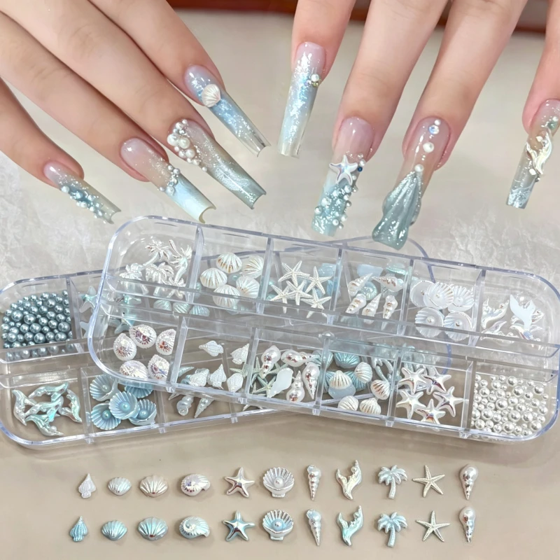 12 Grids Aurora AB White Blue Starfish Shell Conch Coconut Tree Pearl Nail Rhinestones Decorations Manicure Ocean Life Charms