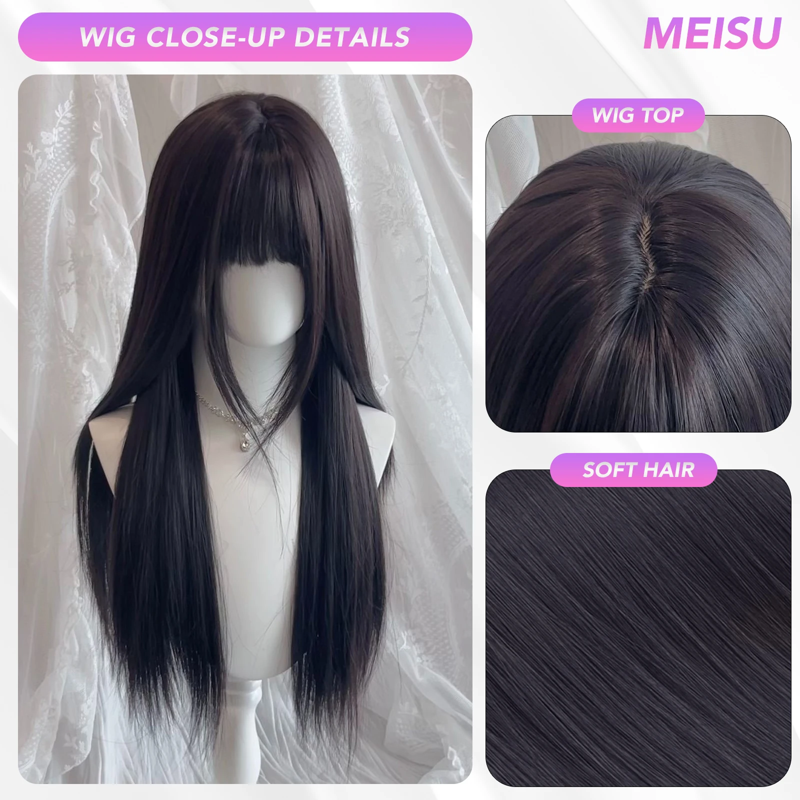 MEISU 26 Inch Straight Bangs Wig Black Tea Synthetic Fiber Layered Hair Heat-Resistant Natural Smooth Extend Hair Selfie Party