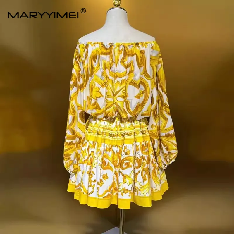 MARYYIMEI Spring Summer Fashion Women\'s Silk top Elegant Slash Neck Short Sleeved+ Cotton Baroque Style Half skirt