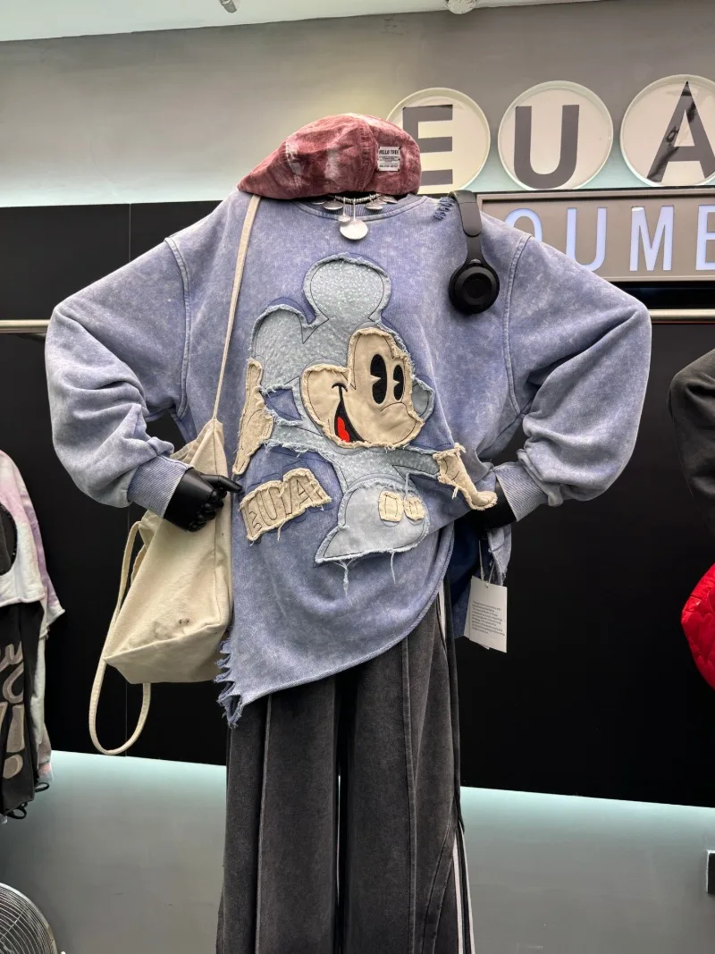 2025 Autumn New Heavy Embroidery Cartoon Crew Neck Sweatshirt Jacket For Women's Loose Design Pullover Coat Sudaderas De Mujer