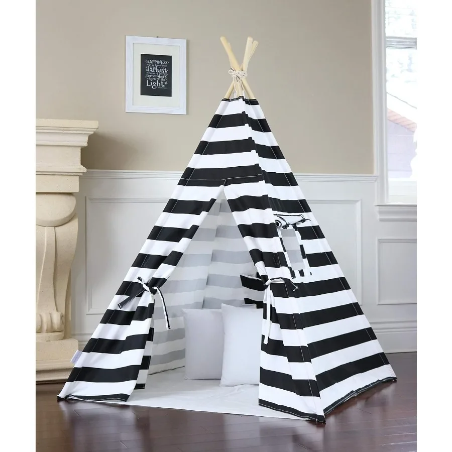 

Stripe Teepee Package with Poles, Floor, LED Light, Flags Banner and Storage Bag (Black)