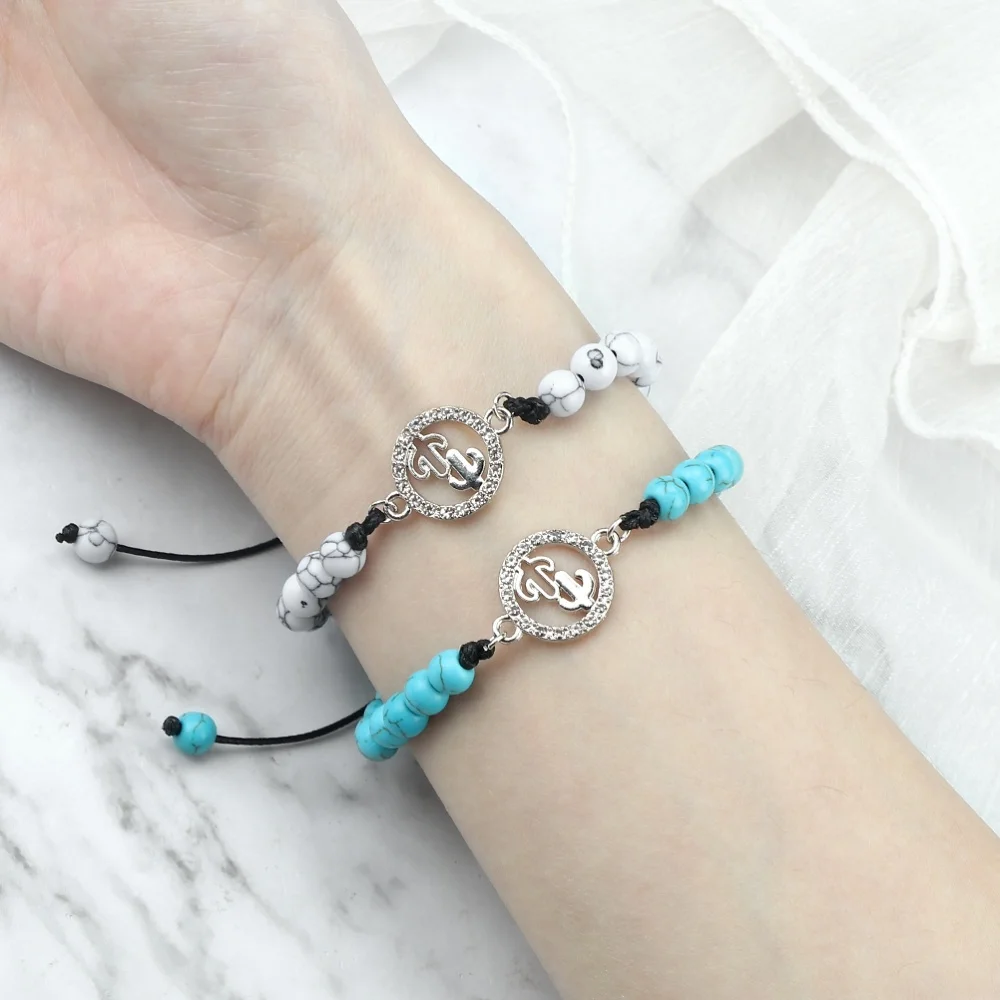 Adjustable Natural Stone Bracelet 6mm Bead with Cactu Pendant Symbolizing Resilience and Desert Protection Handmade Jewelry Gift