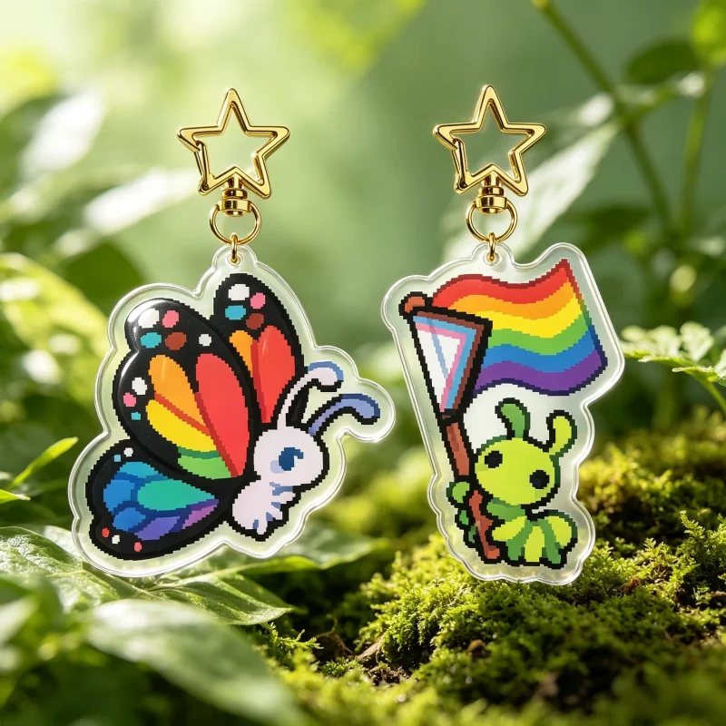 Pride Bug Acrylic Keychain Pixel Rainbow Butterfly & Green Worm Pendant Bag Charm Cute Pixel Art Trinket Gift For LGBTQ Fans