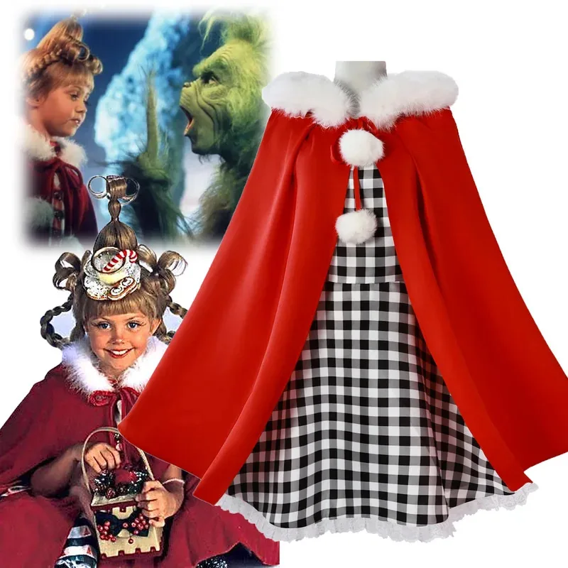 

Cindy Lou Who Cosplay Costume White Fluff Red Hood Cloak Plaid Dress Christmas Lovly Lolita Outfit Halloween Women Girls