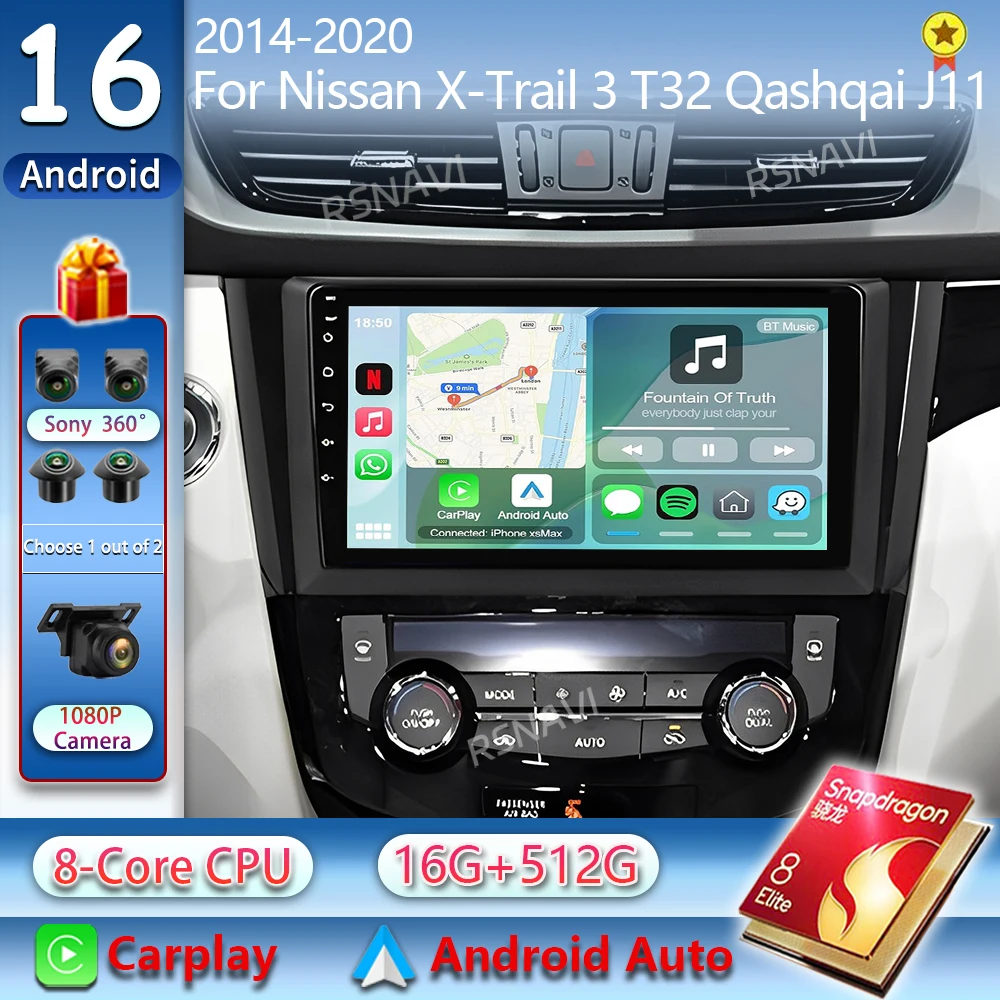 Android 16 Car radio For Nissan X-Trail 3 T32 Qashqai J11 2 2014-2020 Carplay Android auto Qualcomm Car stereo Multimedia player
