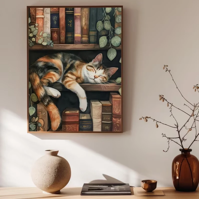 Cute Cat and Book Poster Victorian Moody Bookish Stack Books Canvas Painting Wall Art for Dark Academia Library Home Decor