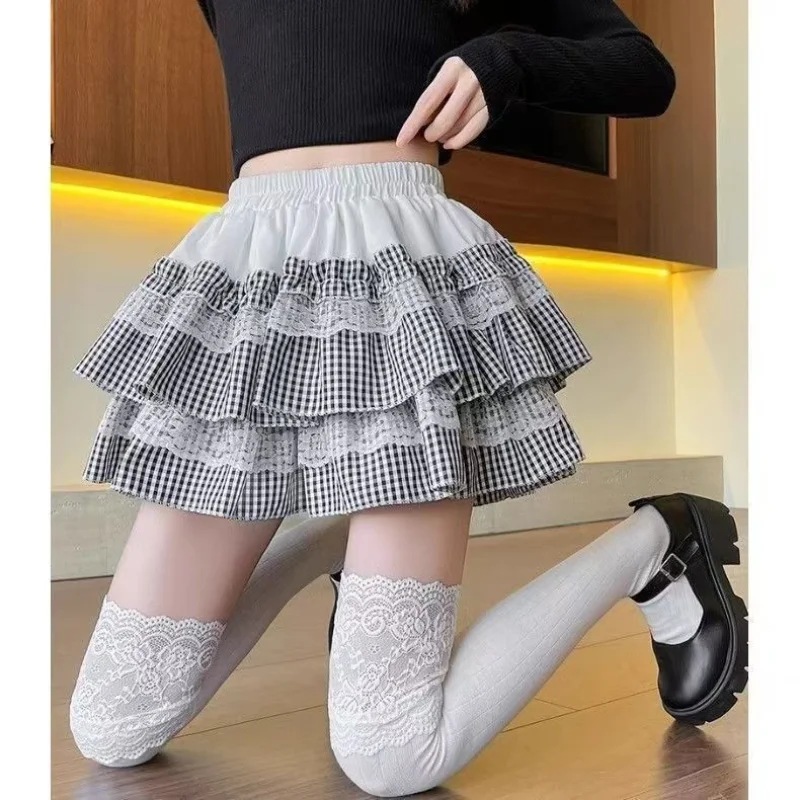 여름 미니 스커트 여성 의류 스위트 주프 패치워크 레이스 라인 스커트 2025 팔다스 무헤르 데 모다 하이 웨이스트 체크 귀여운 스커트