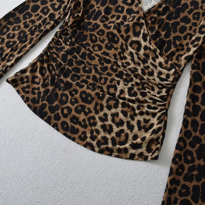 Retro Sle-riem met taille, uitlopende mouwen, V-hals, lange mouwen, gekruist strikontwerp, boting-top voor dames, luipaardprint