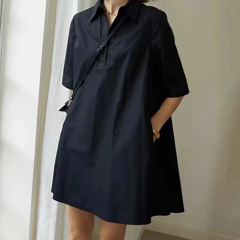 

Fashion Turndown Collar Solid Loose Shirt Dress Women Causal Half Sleeve Pullover Dress 2024 Elegant Draped Pocket A-Line Dress