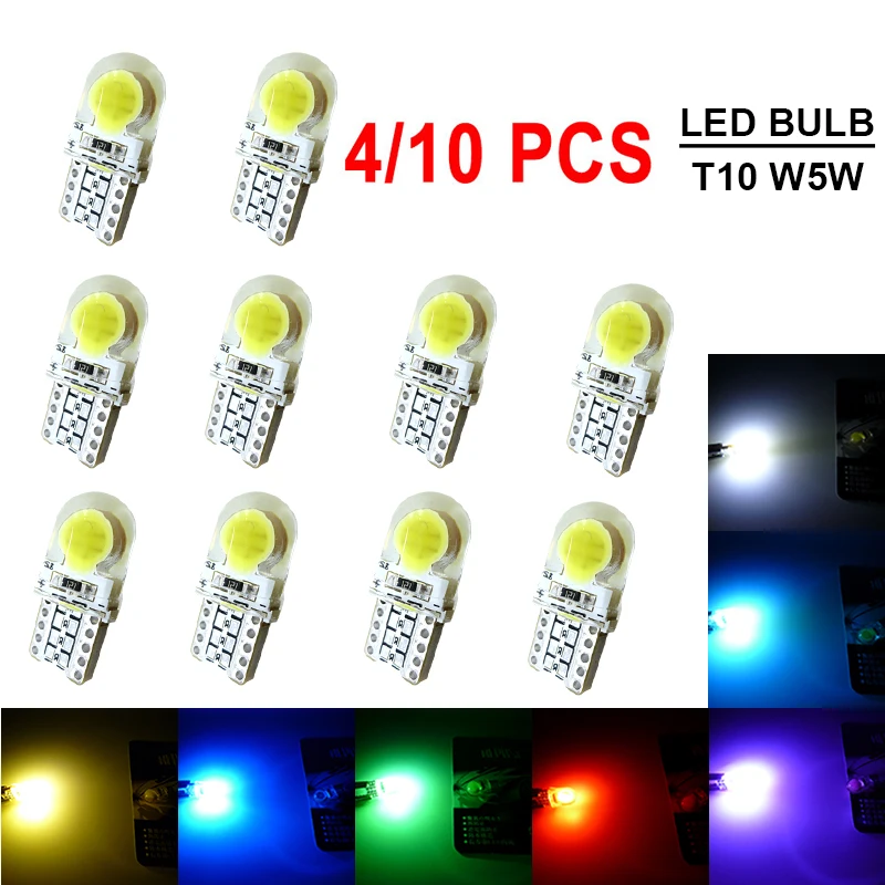 4PCS/10PCS T​10 W5W COB Light Bulb 1W DC12V LED Lights White Blue Red Yellow Green Pink Silicone Lamp for Car Interior Lighting