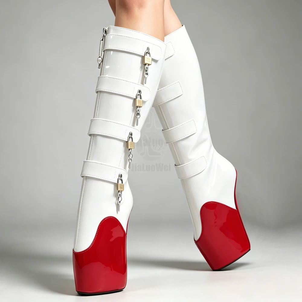 7 Inch Heels Unisex White Patent Leather Lockable YKK Zipper Knee High Ballet Boots High Heel Heelless Fetish Punk Boots
