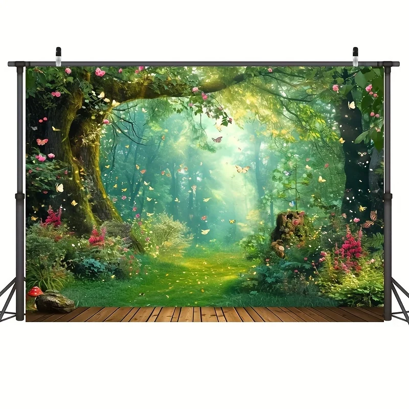 Fairy tale fairyland mushroom flower butterfly background, party decoration portrait banner, photo booth props