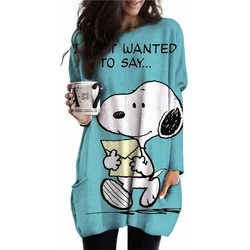 2024 New Women's Round Neck Long Sleeve Pocket T-shirt Snoopy Printed Casual Elegant Women's Long T Street Clothing