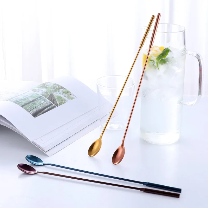 LMM Extended Stainless Steel Bar Long Handle Bartending Spoon Titanium Plated Color Ice Spoon