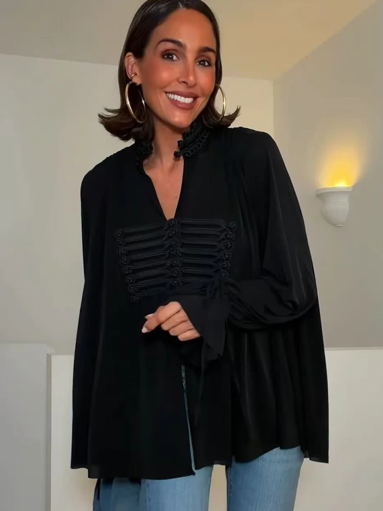 New Women Vintage Sheer Blouse Chic Stand Collar Single Breasted Long Flare Sleeve Shirts Street Solid Elegant Black Shirt