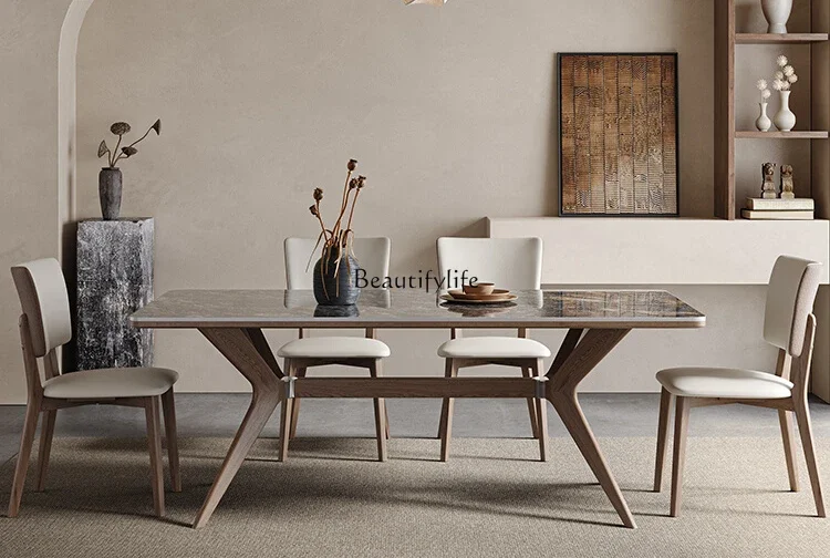 

Solid wood luxury stone rock slab dining table and chairs ash wood wabi sabi platinum diamond walnut table