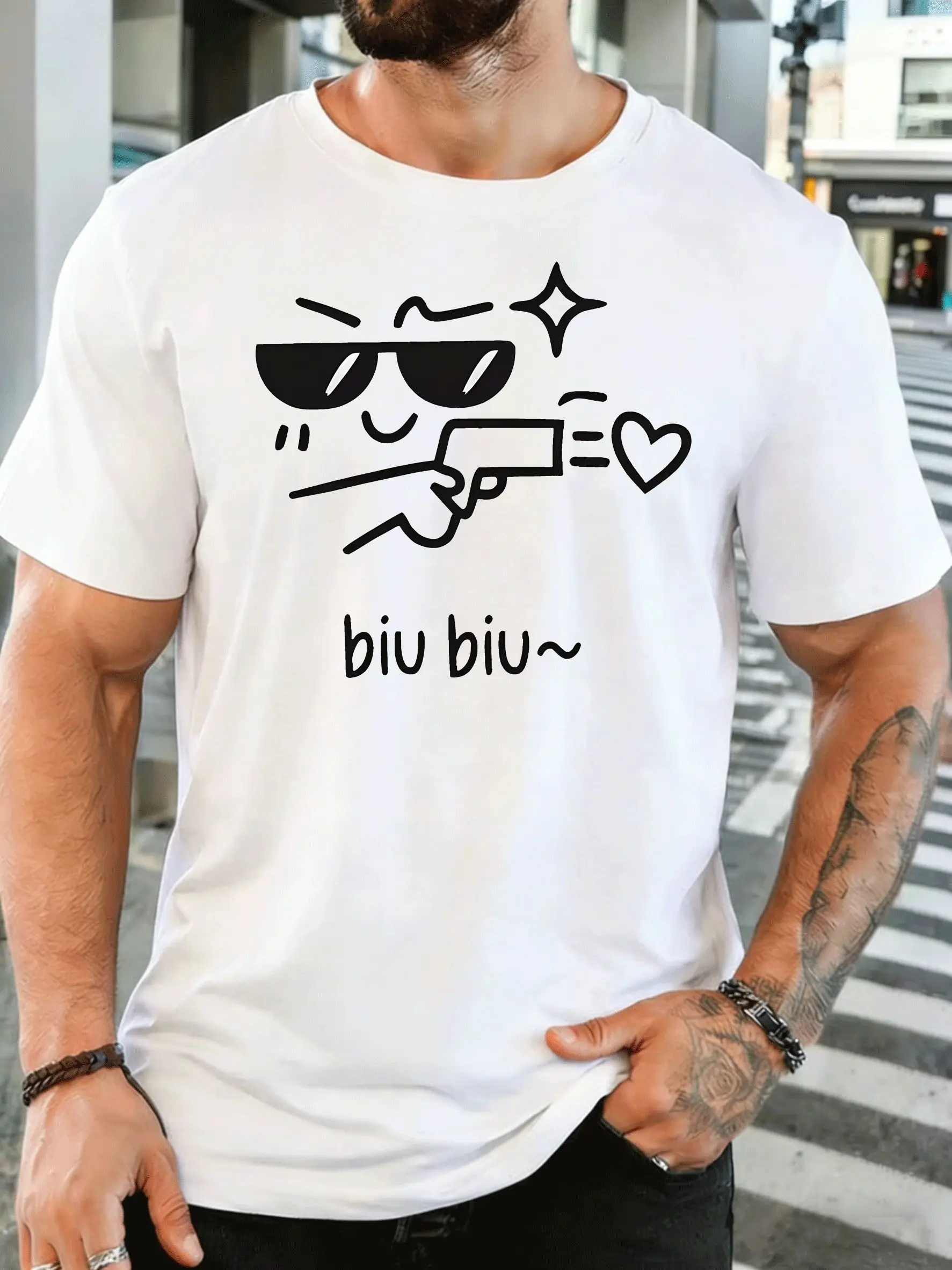 Men Summer Casual T Shirt Funny Cartoon Biu Biu Heart Shooting Graphic Print O Neck Short Sleeve Soft Loose Tee Tops For Male