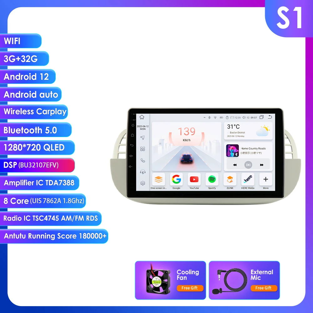 9 "Hizpo 2din Android Auto Radio Voor Fiat 500 2007 - 2014 Draadloze Carplay Scherm Gps Navigatie 4G Bt Swc Rds Dsp Ui7862