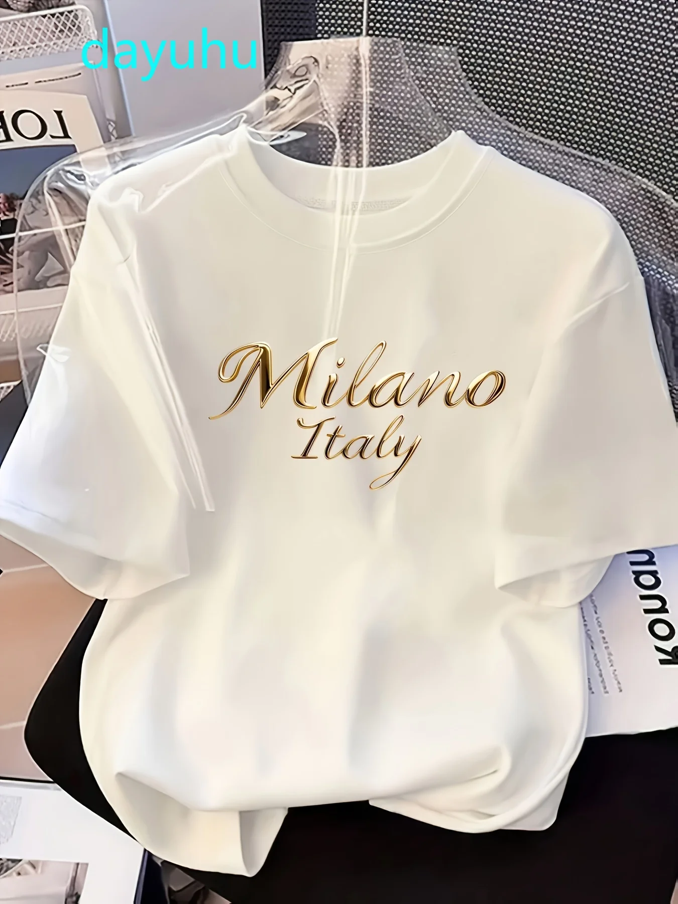 2026 Plus Size Women'S T-Shirt Casual Crew Neck Short Sleeve Top with Milano Italy Letter Print Loose Fit White Tee Female Tops