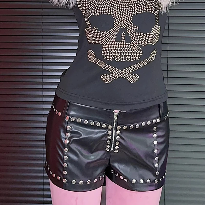 Shorts en cuir PU polyvalents pour femmes, style original européen et américain, Y2K, fille branchée, punk, sous-culture rétro, rivets