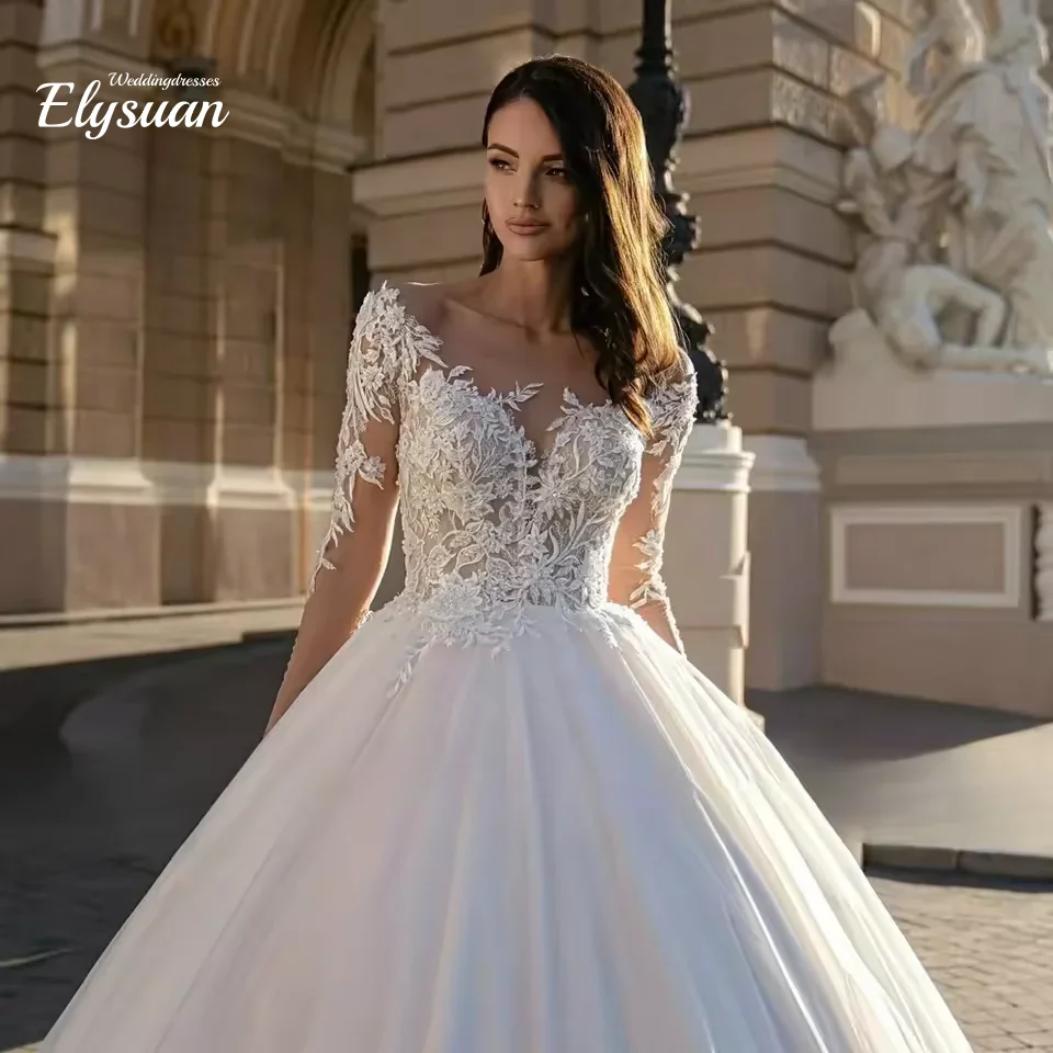 Personalizado elegante vestido de baile mangas compridas colher pescoço escova trem vestidos de casamento apliques vestidos de novia