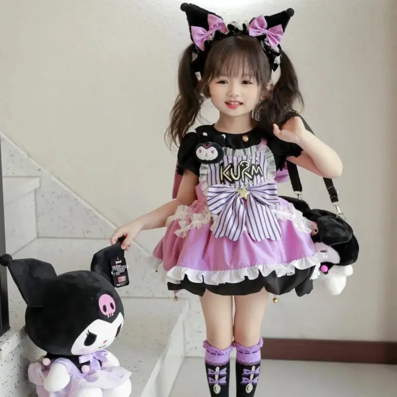 

Cute Kawaii Sanrioed Kuromi Children's Princess Dress Summer New Thin Cartoon Lolita Short Sleeve Strap Dress Two Piece Set