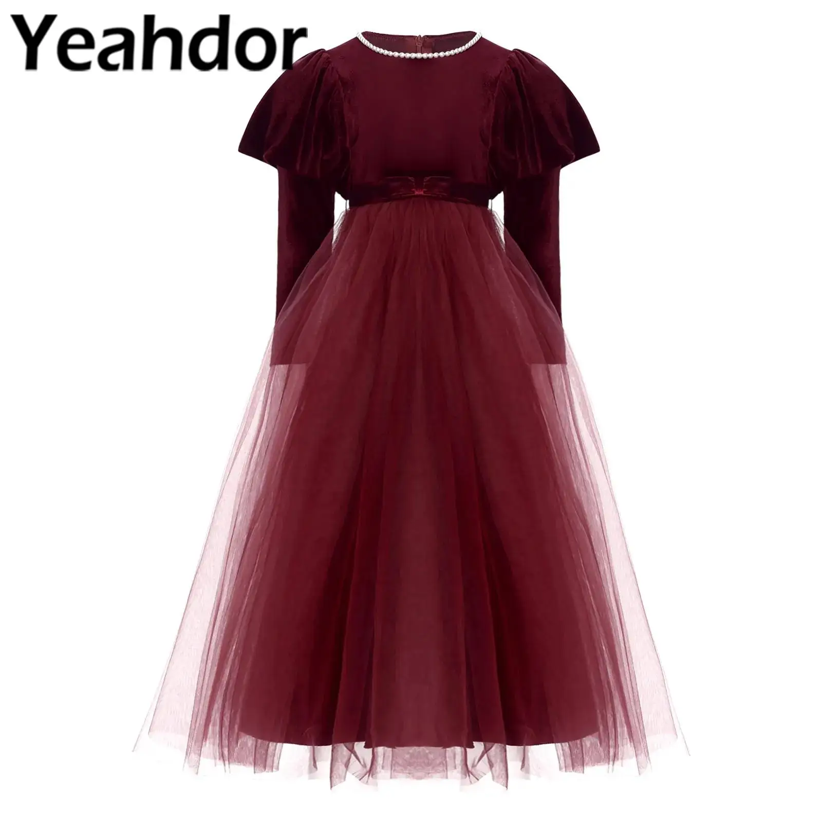 Kids Girls Elegant Velvet Dress Puff Long Sleeve Tulle Princess Formal Occassion Dress Communion Evening Birthday Party Gown