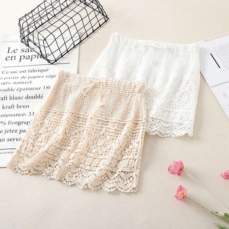 High Waist Knitted Hollow out Straight  Skirt Beach Vacation Short Skirt Versatile Pencil Skirt Polyester Cotton Blend