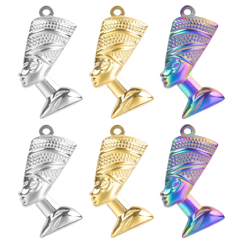 5pcs Vintage Egyptian Queen Nefertiti Head Charms Stainless Steel Egypt Pharaoh Pendant Charms For DIY Jewelry Making Wholesale